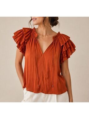Ulla Johnson Lyla Blouse Size 6 Clay Orange Rust Ruffle Flutter Sleeve V Neck